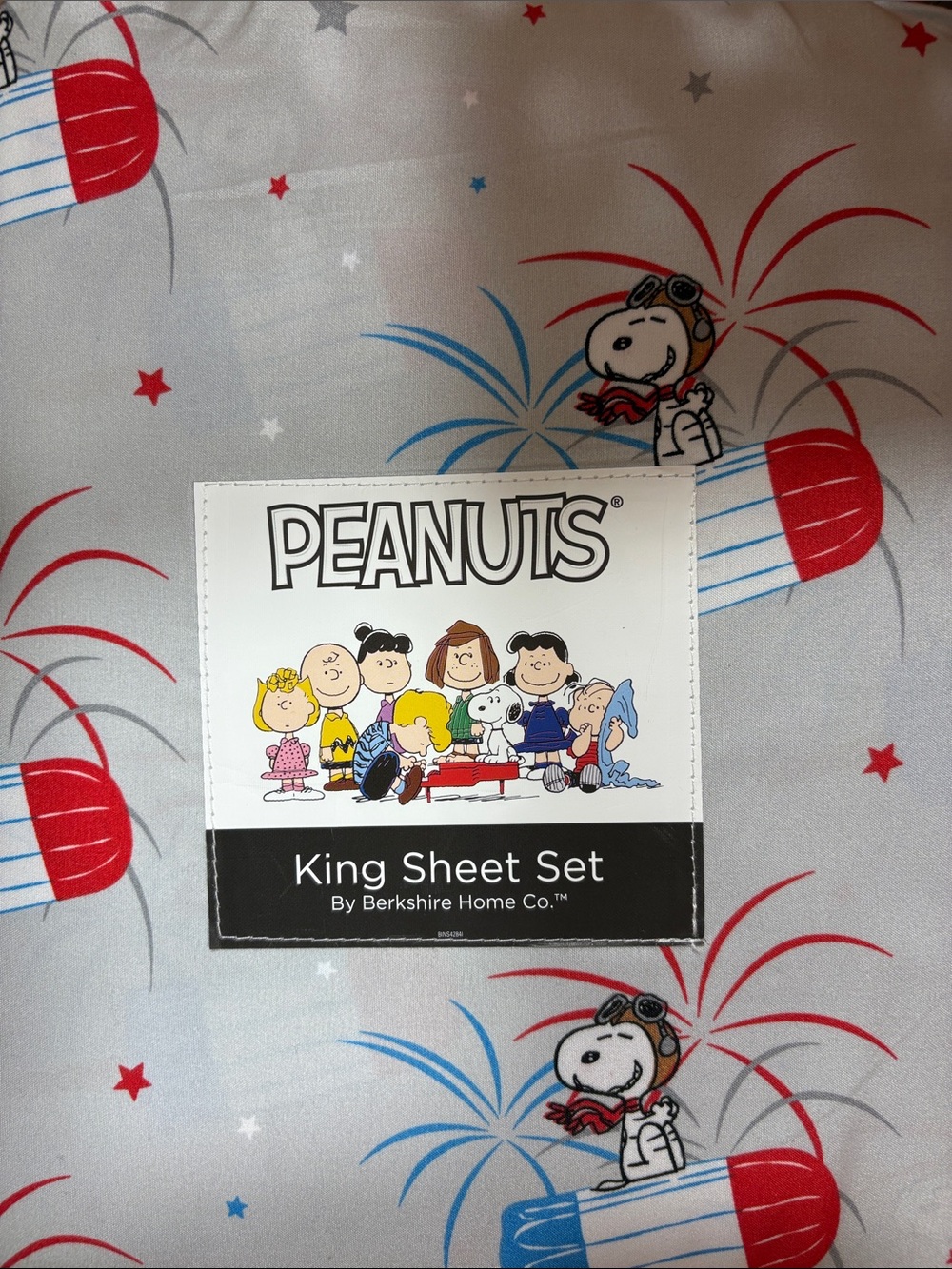 Peanuts Snoopy Fireworks king Sheet Set - Gray, Red, Blue America brand new
